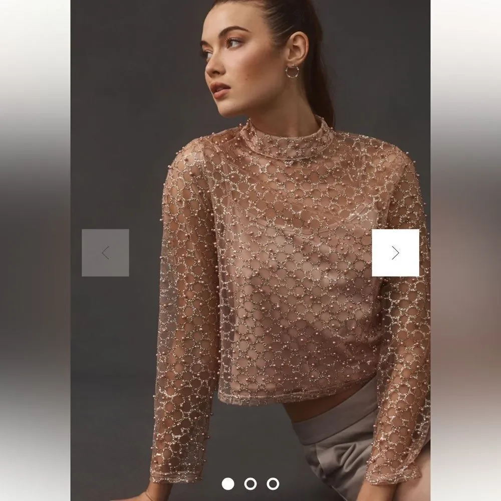 By Anthropologie Blue Tassel Pearl-Embellished Long-Sleeve Top Medium